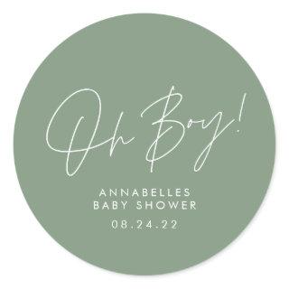 oh boy Baby shower script green elegant  Classic Round Sticker