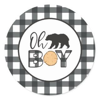 Oh Boy Bear black Buffalo Plaid Baby Shower Classic Round Sticker