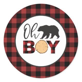 Oh Boy Bear Buffalo Plaid Baby Shower Classic Round Sticker