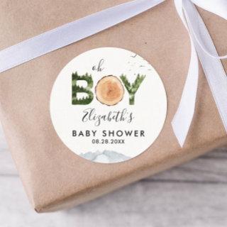 Oh Boy Watercolor Woodland Bear Baby Shower  Classic Round Sticker