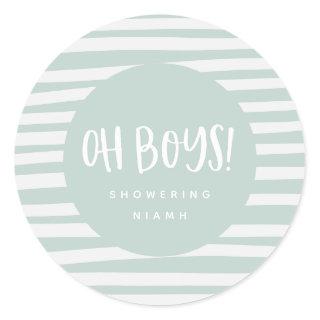 Oh boys, twin baby shower party classic round sticker