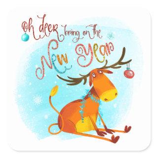 Oh Deer Bring On New Year 2020 Cute Reindeer Square Sticker