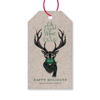 Oh Deer What a Year Reindeer Face Mask Green Plaid Gift Tags