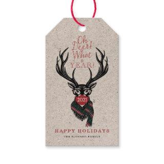 Oh Deer What a Year! Reindeer Face Mask Red Plaid Gift Tags