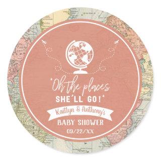 "Oh The Places She'll Go!" Travel Map Baby Shower Classic Round Sticker