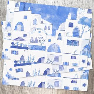 Oia Santorini Greece Watercolor Townscape Painting  Sheets