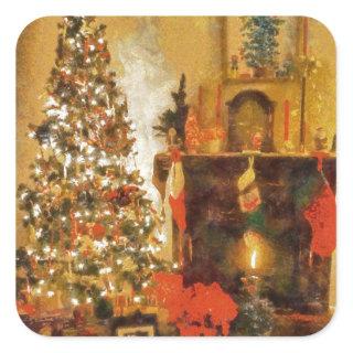Old Fashion Christmas Tree And Fireplace Square Sticker