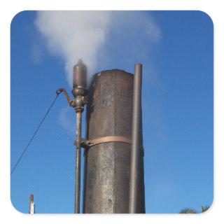 old steam whistle with a white plume of steam square sticker