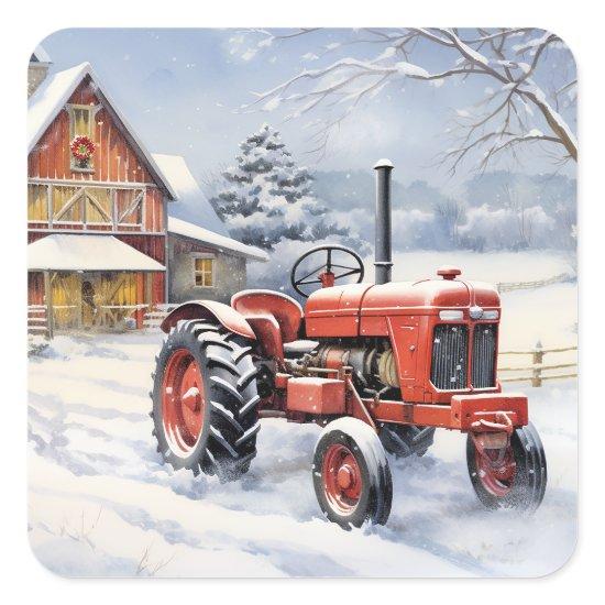 Old Tractor and Barn Snowy Winter Farm Christmas Square Sticker