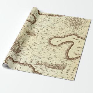 Old World Map with Ship on Cream
