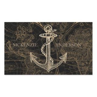 Old World Nautical Anchor Monogram Black Rectangular Sticker
