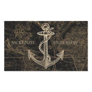 Old World Nautical Anchor Monogram Black Rectangular Sticker