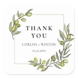Olive branches frame wedding thank you square sticker