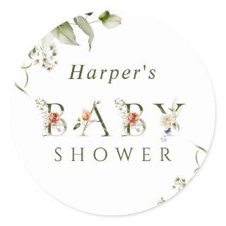Olive Green Floral Botanical Letter Baby Shower Classic Round Sticker