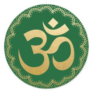 Om HIndu Meditation Symbol Yoga Faux Gold Green Classic Round Sticker
