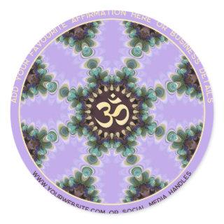 OM Lilac Purple Peacock Feathers with Arched Text Classic Round Sticker