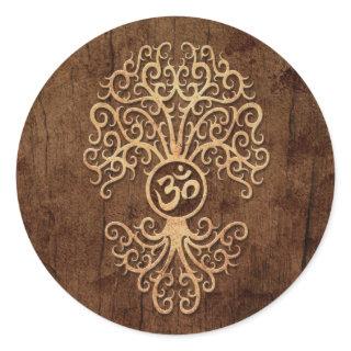 Om Tree with Wood Grain Effect Classic Round Sticker