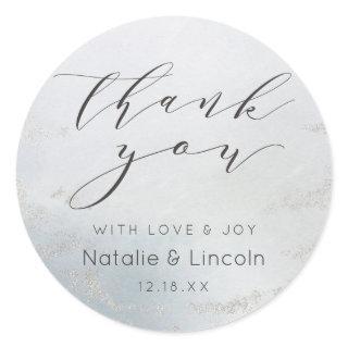 Ombre Dusty Blue Frosted Silver Wedding Thank You Classic Round Sticker