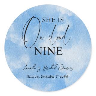 On Cloud Nine 9 Calligraphy Blue Bridal Shower Classic Round Sticker