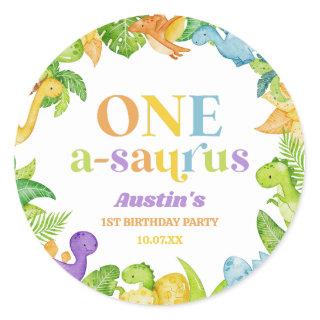 One A-Saurus Dinosaur 1st First Birthday Party Classic Round Sticker