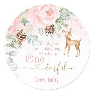One-deer-ful winter blush pink 1st girl birthday classic round sticker
