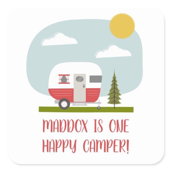One Happy Camper Red Trailer Birthday Square Sticker