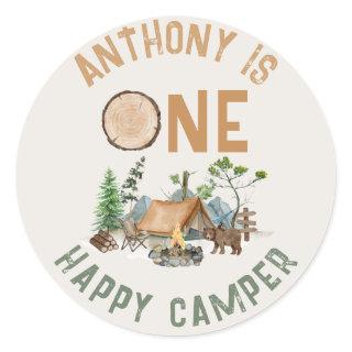 One Happy Camper Watercolor Woodland 1st Birthday  Classic Round Sticker