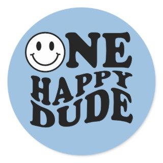 One Happy Dude Blue Preppy Smile First Birthday  Classic Round Sticker