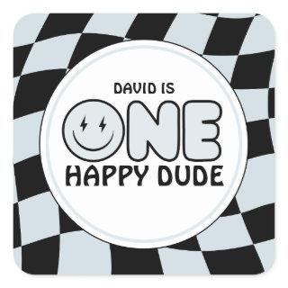 One Happy Dude Groovy Happy Face Boy Birthday Square Sticker