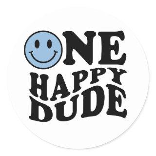 One Happy Dude Retro Blue Smile Face 1st Birthday  Classic Round Sticker