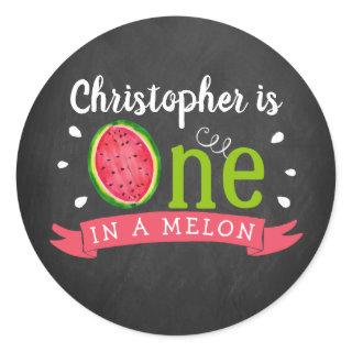 One In A Melon Chalkboard 1st Birthday Classic Round Sticker