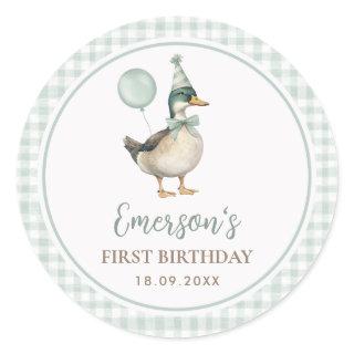 One Lucky Duck Sage Green Balloon 1st Birthday Classic Round Sticker