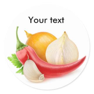 Onions, pepper and garlic classic round sticker