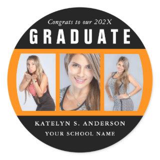Orange and Black Graduation Photo Collage Classic Round Sticker