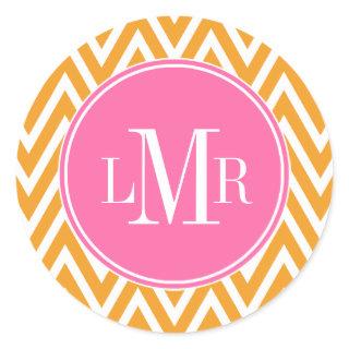 Orange and Pink Chevrons Monogram Classic Round Sticker