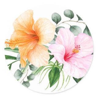 Orange and Pink Hibiscus Tropical Floral Classic Round Sticker