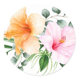 Orange and Pink Hibiscus Tropical Floral Classic Round Sticker