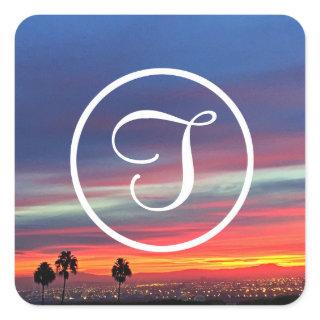 Orange blue clouds sunset photo custom monogram square sticker