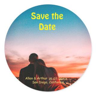 orange boho save the date QR add website name phot Classic Round Sticker