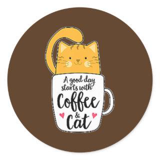 Orange Cat Coffee Cute  Classic Round Sticker