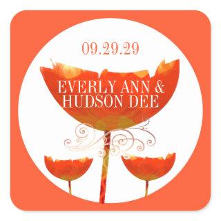 Orange Coral Boho Bumble Bee Poppy Square Sticker