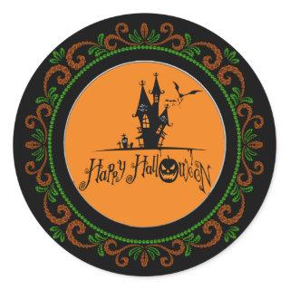 Orange Green Happy Halloween Haunted House Classic Round Sticker