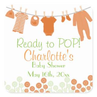 Orange Little Clothes Ready To POP Baby Shower Square Sticker