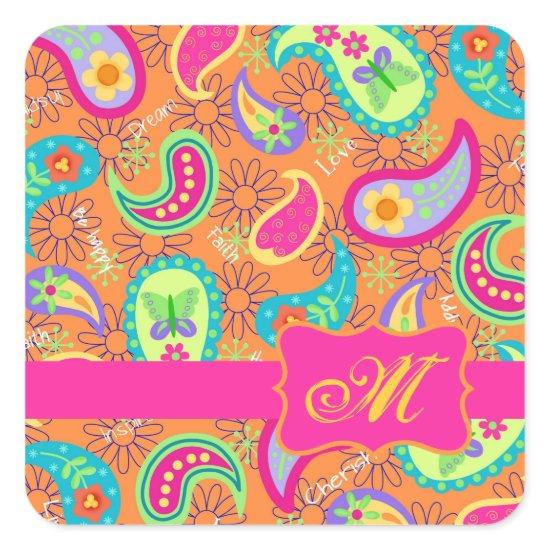 Orange Modern Paisley Whimsy Pattern Square Sticker