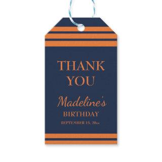 Orange Navy Blue Striped Birthday Party Thank You Gift Tags