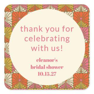 Orange Pink Floral Bridal Shower Custom Thank You  Square Sticker