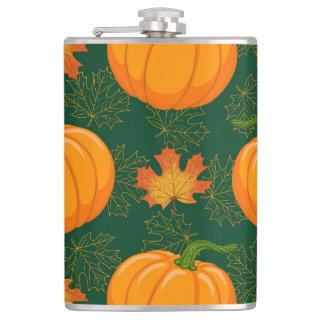 Orange Pumpkin Autumn Leaves Pattern Flask
