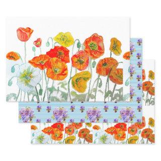 Orange Red Poppy Flower Pattern Watercolor  Sheets