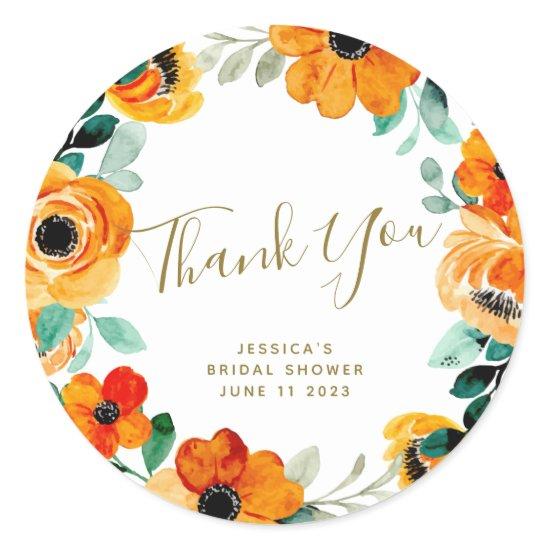 Orange Watercolor Flowers Custom Bridal Shower  Classic Round Sticker