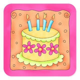 Orange Yellow Happy Birthday Cake Candles Square Sticker